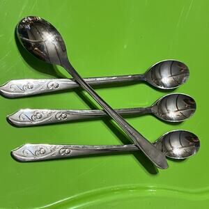 4x Kingsway Stainless Alliance Iced tea Spoons Rose Leaf Floral Ohio long handle